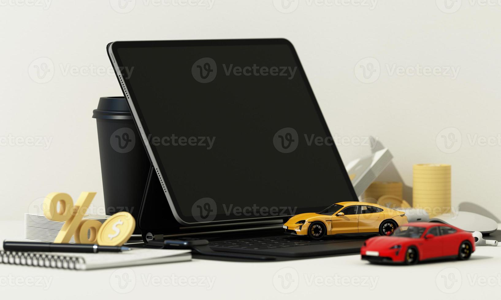 Concept car with coins and cash, auto tax and financing, car insurance and car loans, concepts save money on car purchases. on wooden table background. 3d rendering photo