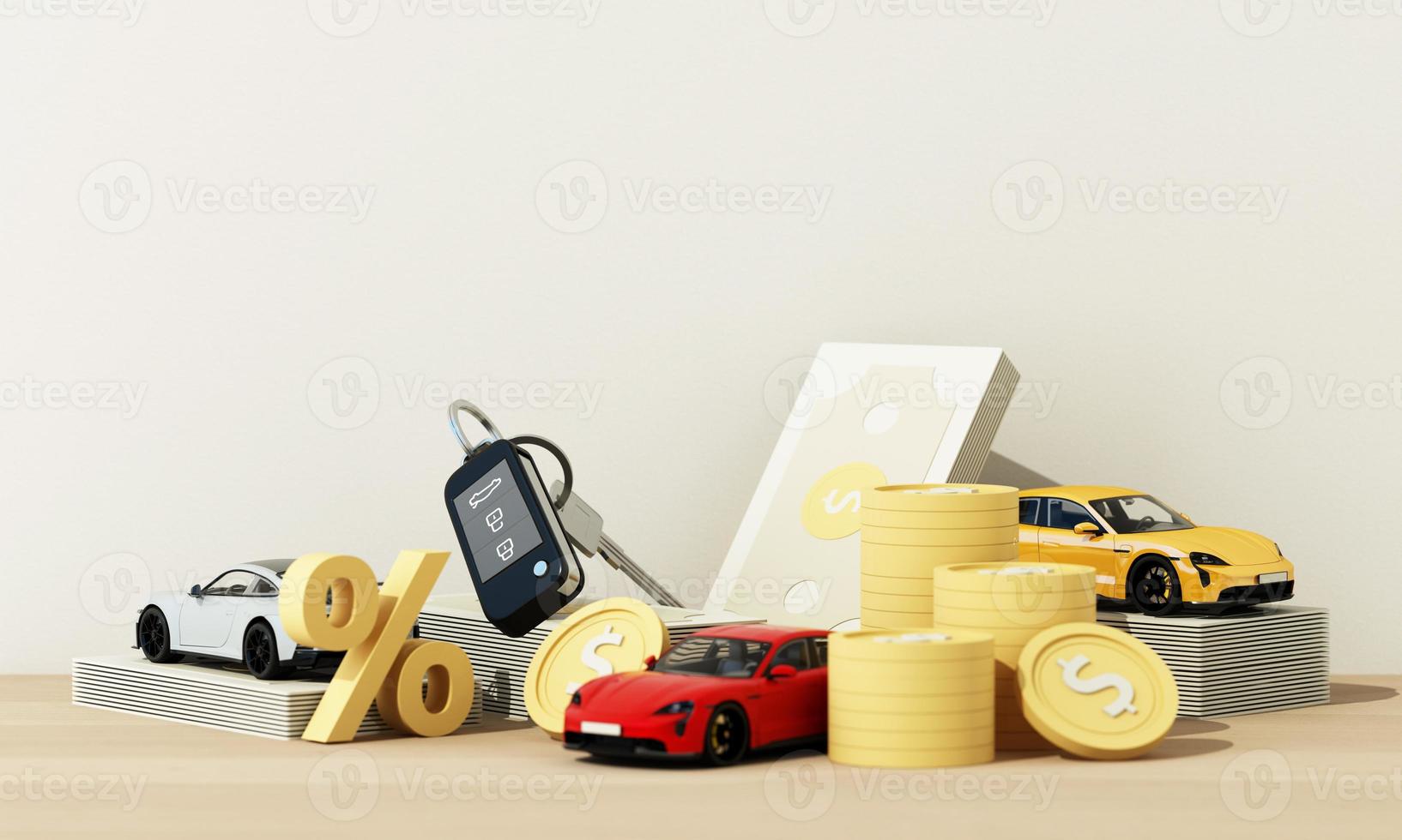Concept car with coins and cash, auto tax and financing, car insurance and car loans, concepts save money on car purchases. on wooden table background. 3d rendering photo
