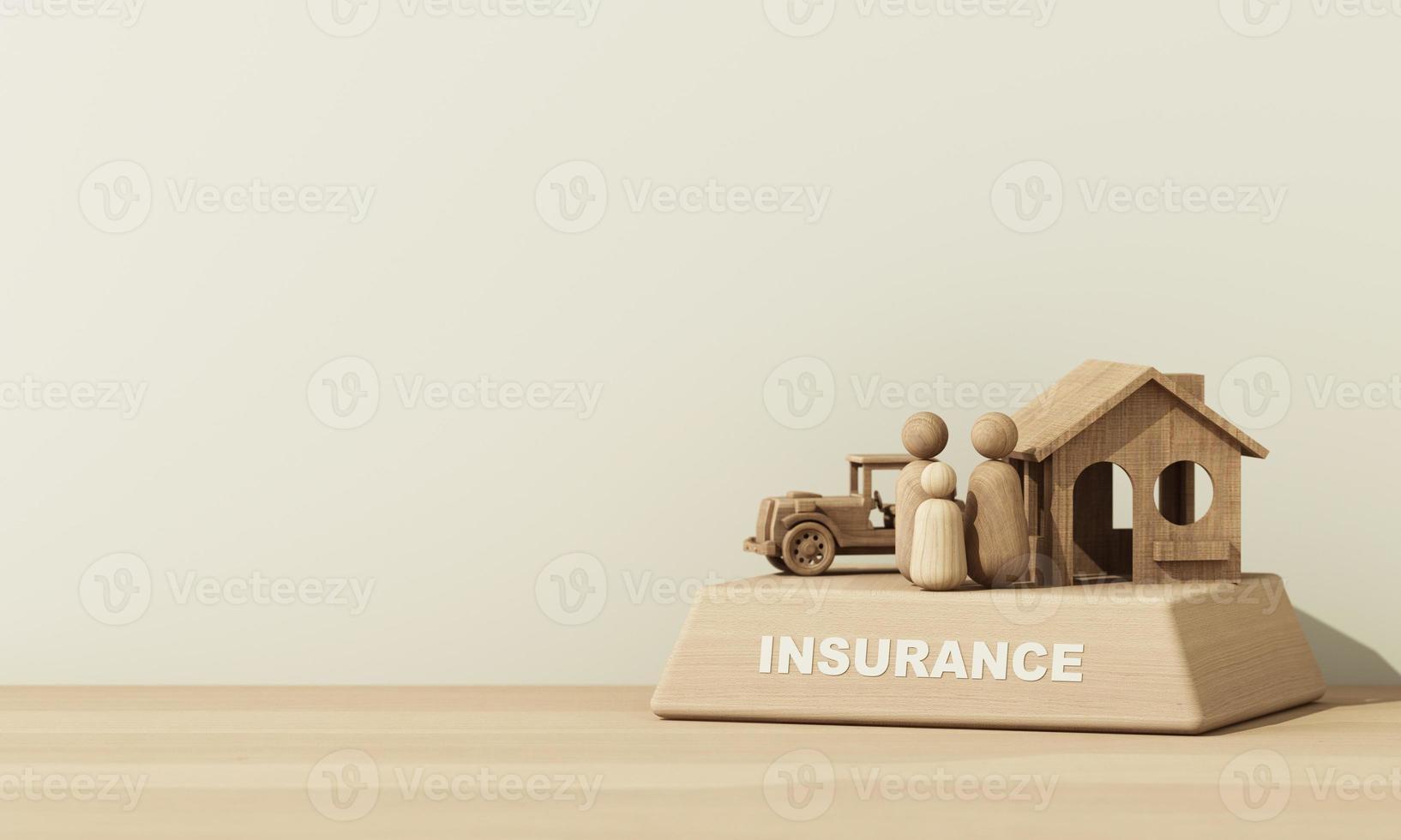 Model of a wooden house and a car with a white umbrella covered in the concept of real estate insurance and family financial future planning On a white background, cartoon style. 3D rendering. photo