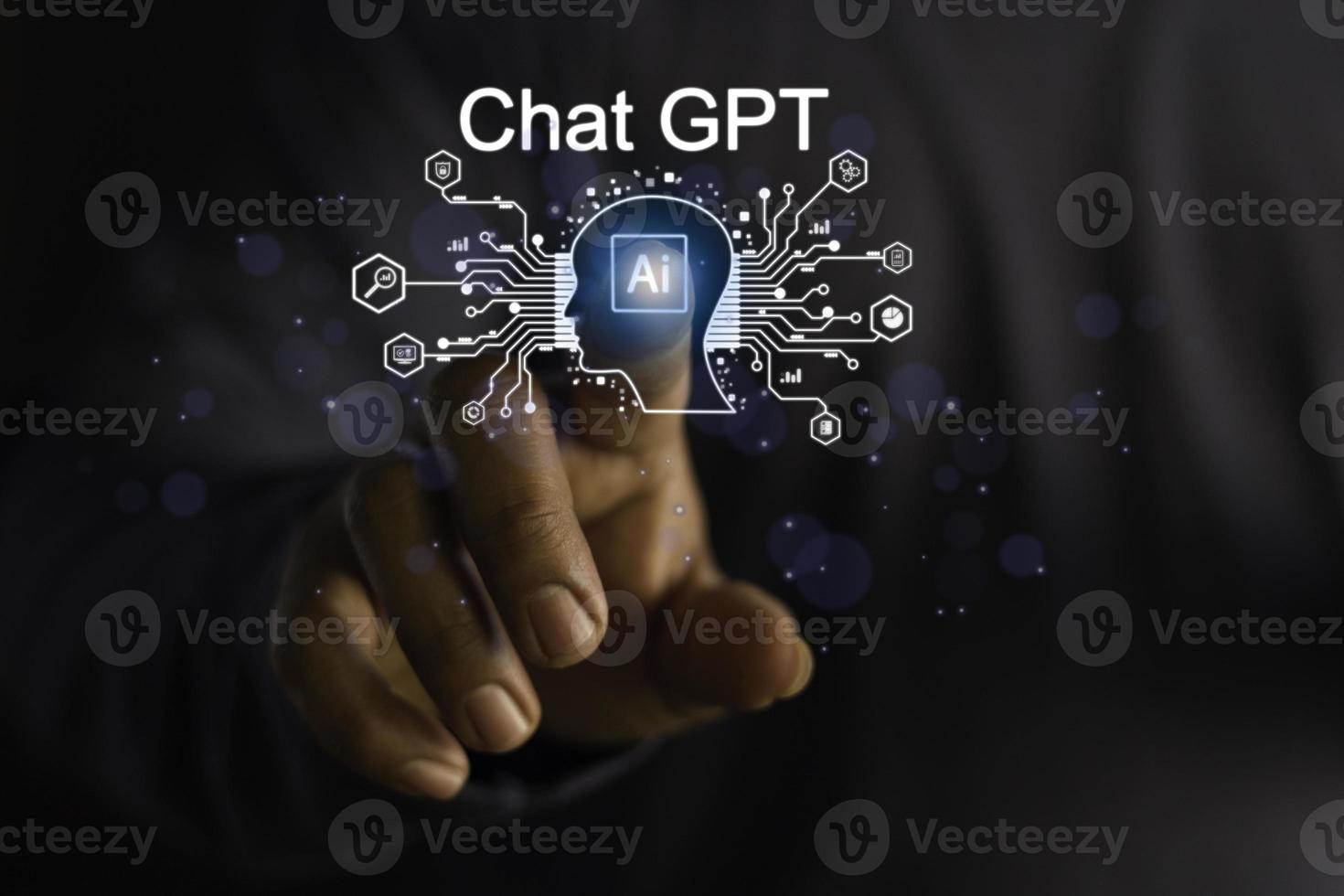 Businessman holding a light chatbot icon. Chat GPT AI or Artificial intelligence using chatbot generate photo