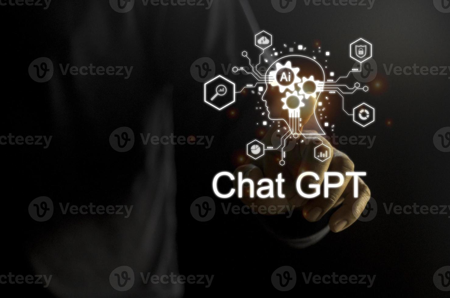 Businessman holding a light chatbot icon. Chat GPT AI or Artificial intelligence using chatbot generate photo