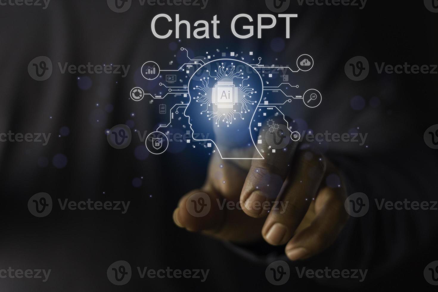 Businessman holding a light chatbot icon. Chat GPT AI or Artificial intelligence using chatbot generate photo