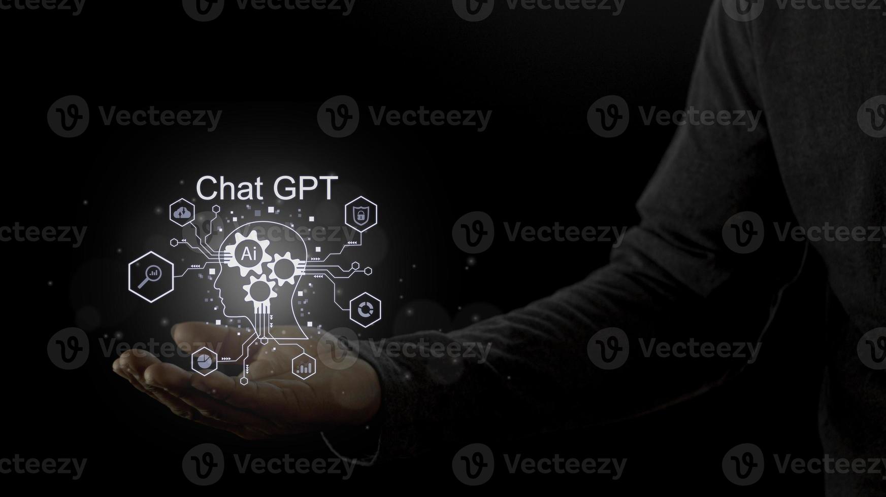 Businessman holding a light chatbot icon. Chat GPT AI or Artificial intelligence using chatbot generate photo