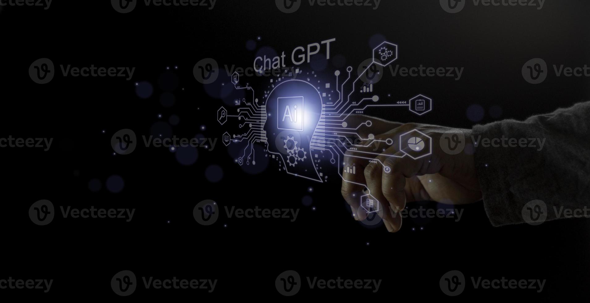 Businessman holding a light chatbot icon. Chat GPT AI or Artificial intelligence using chatbot generate photo