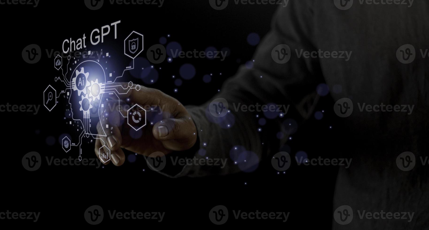 Businessman holding a light chatbot icon. Chat GPT AI or Artificial intelligence using chatbot generate photo