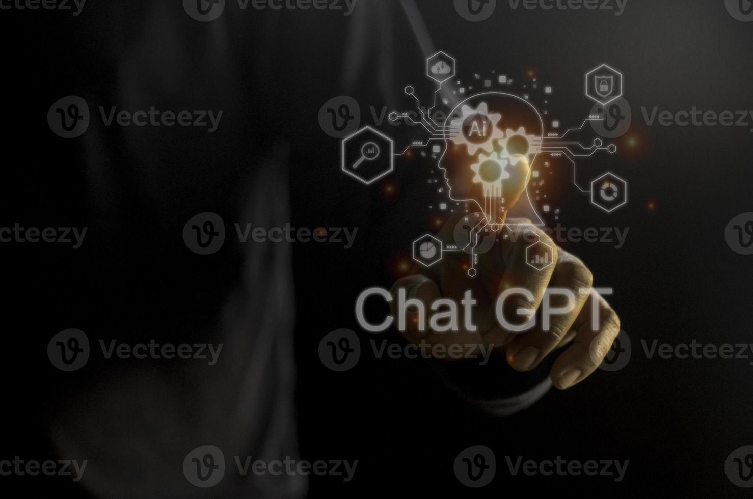 Businessman holding a light chatbot icon. Chat GPT AI or Artificial intelligence using chatbot generate photo