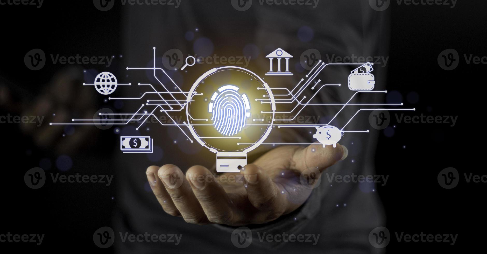 Businessman holding light icon social security network connection with shield guard to protected from cyber attacks. Network security system concept photo