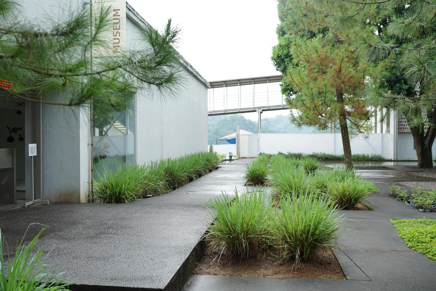 flower museum, natural garden landscape with concrete floor and bridge across photo