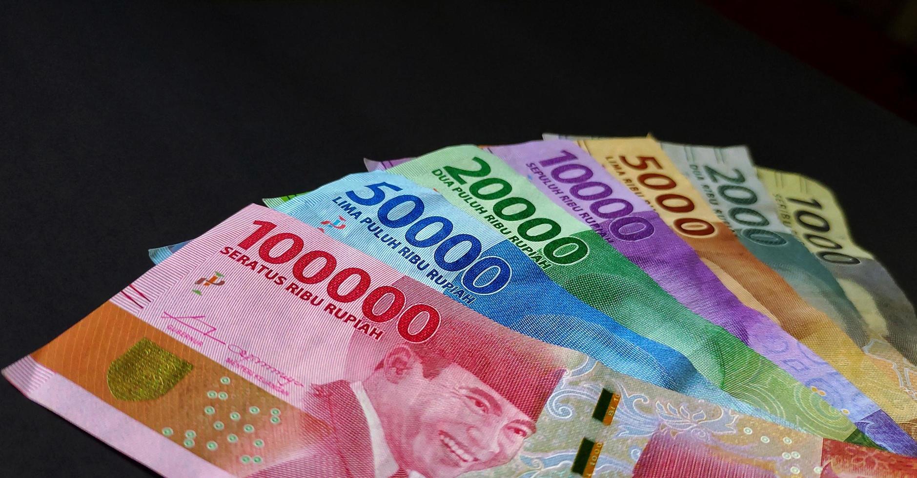 Close-up view of Indonesian Rupiah. Collection of banknotes Indonesian rupiah isolated on black background. photo