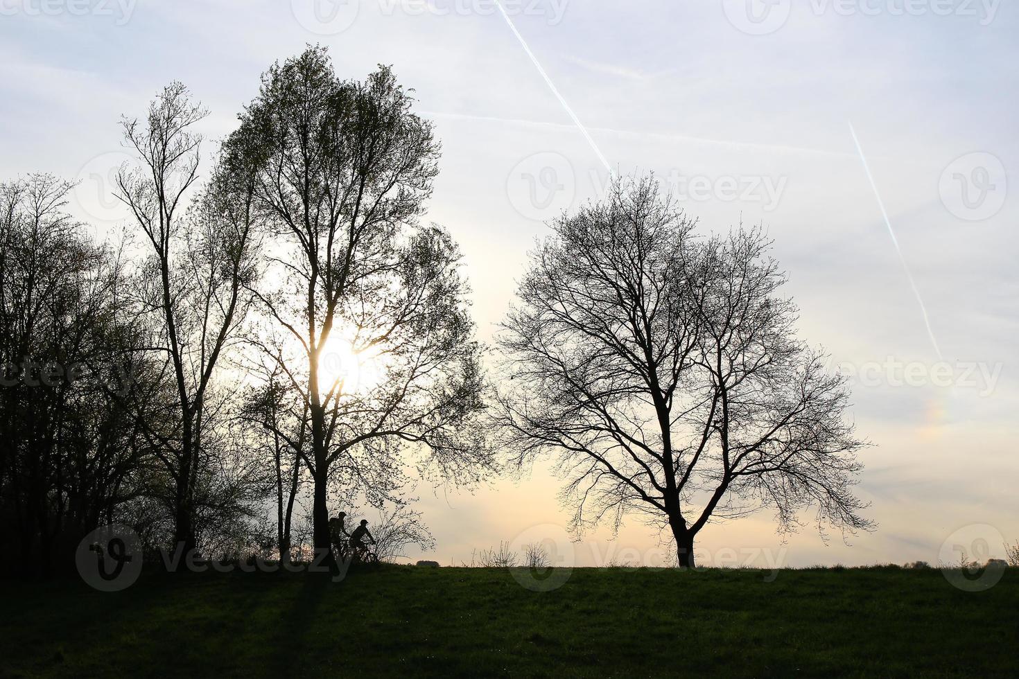 silhouette of people riding the bike on a rural road at sunset along Danube river in Regensburg, Germany, Europe. photo