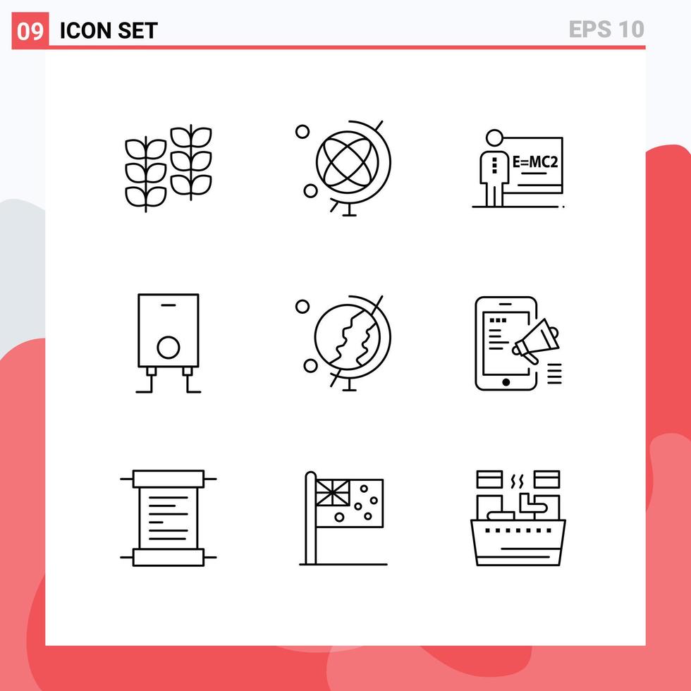 Pictogram Set of 9 Simple Outlines of advertisement education class earth heater Editable Vector Design Elements