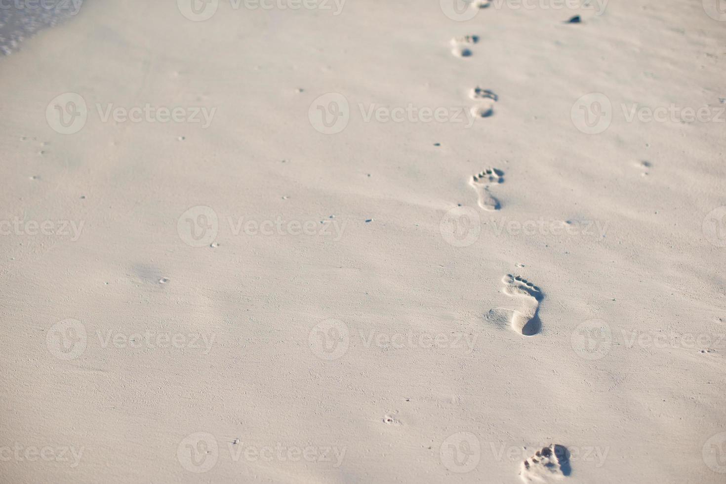 Human footprints on the white sand beach photo