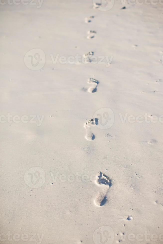 Human footprints on white sand of the Caribbean island photo