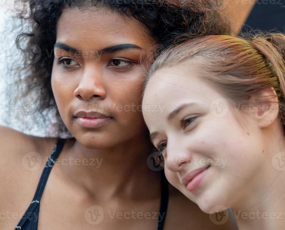 Portrait of two lesbian people romantic friendship. Cheerful gay person having fun together with respect equality to love and freedom lifestyle. Diversity of young homosexual couple, LGBTQ rights. photo