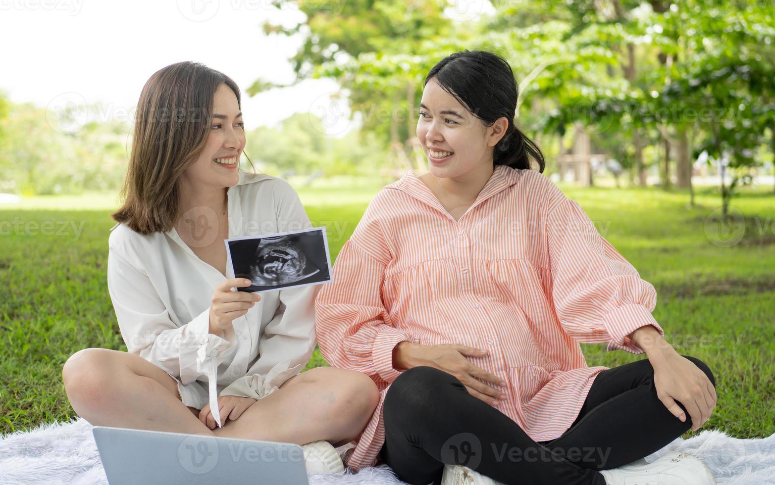 Happy pregnant woman lesbian family relaxing in park. Homosexual people has affectionate relationship like married couple. Gay person has equality to be parent. Lgbtq pregnancy maternity lifestyle. photo