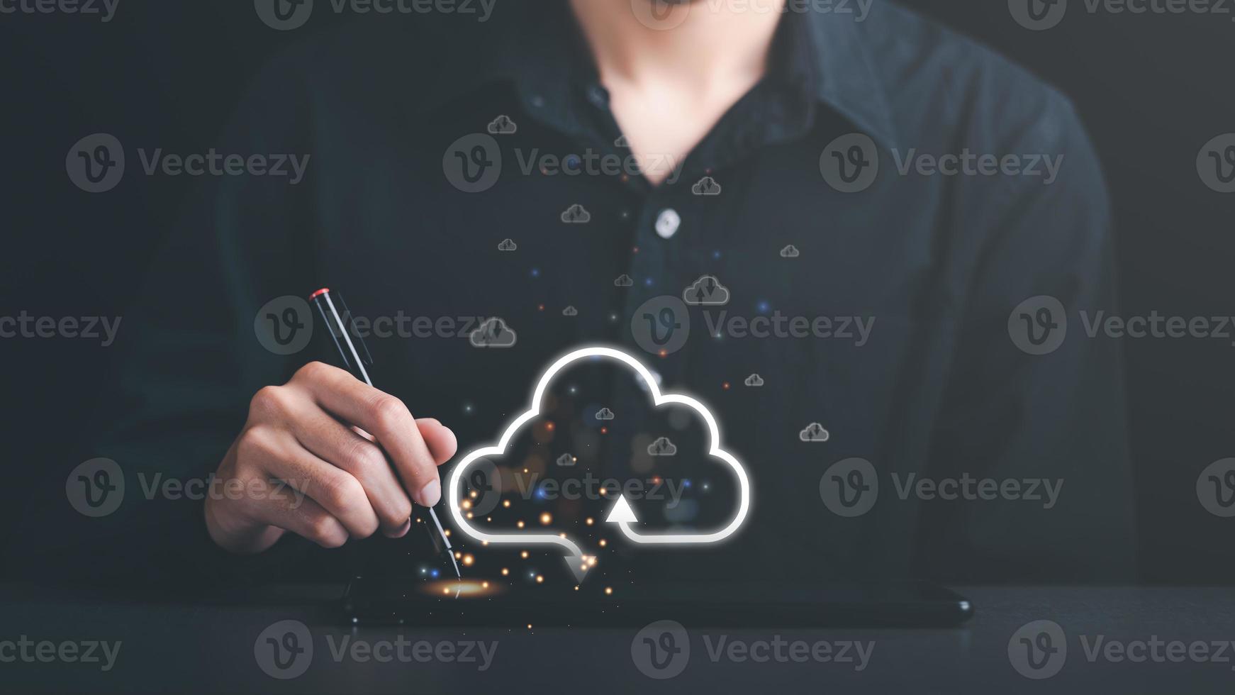 Cloud computing concept, digital network data connection technology, modern communication with information technology, innovation online backup with highly secure protection,man holding a pen photo