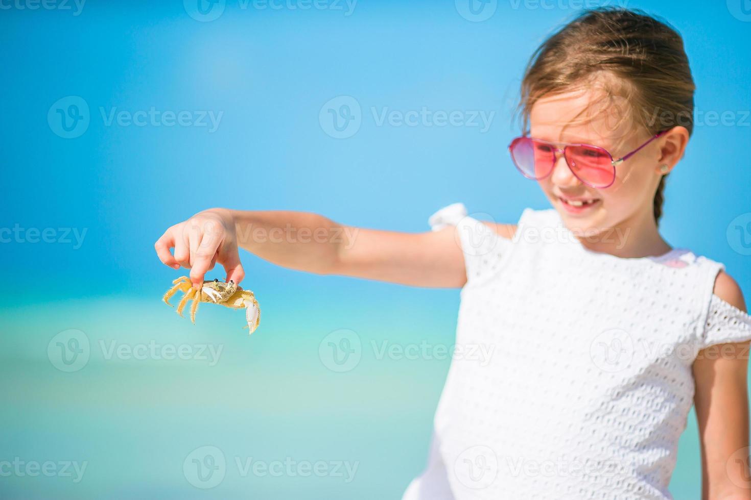Adorable little girl holding crab on the beach photo