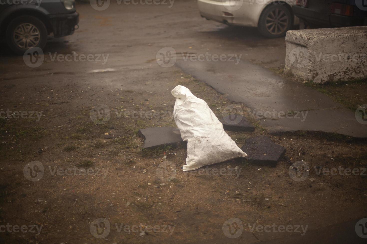 Bag with unknown contents on street. White bag stands on ground. photo