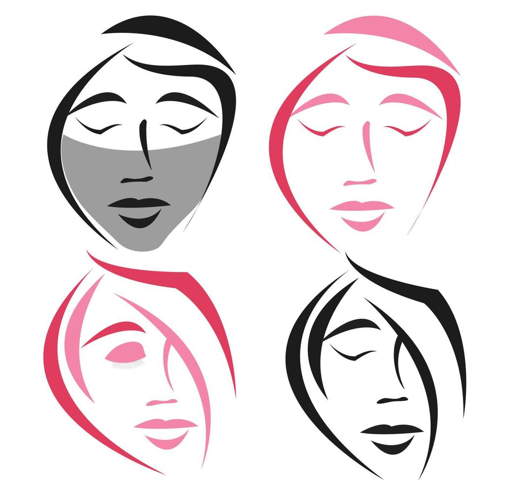 Simple female outline vector illustration design. Set of head portraits young girl. Three dimension front, profile, three-quarter, turn of. Close-up realistic line sketch