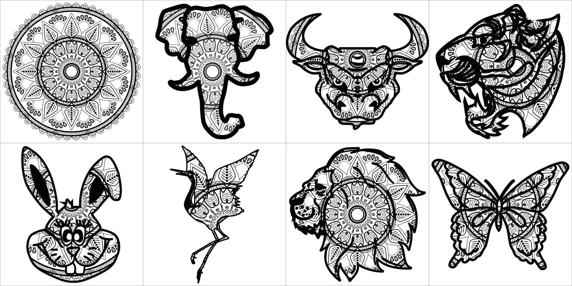 Decorative set with animals, mandala vector. Large set with decorative elephant, lion, tiger, rabbit, butterfly, blue, crane and mandala. Hand drawn vector art. Animal, Luxury, Royal, Indian Mandal.