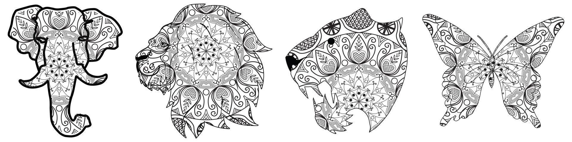 conjunto decorativo con animales, vector mandala. conjunto grande con elefante decorativo, león, tigre, conejo, mariposa, azul, grulla y mandala. arte vectorial dibujado a mano. animal, lujo, real, mandal indio.