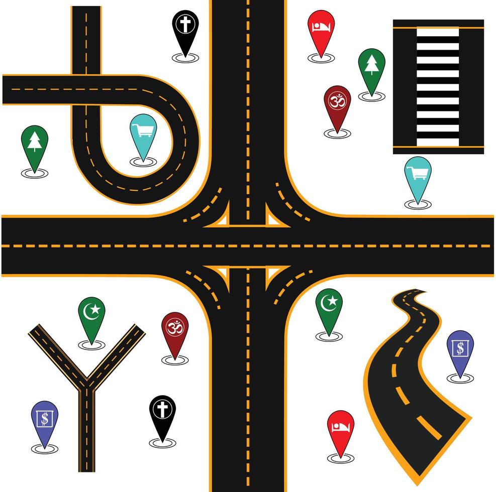 Set of highways and winding roads. Seamless straight asphalt road template. Abstract background, template milestone element, modern illustration. Business road map. Winding Road. Position pin pointer. vector