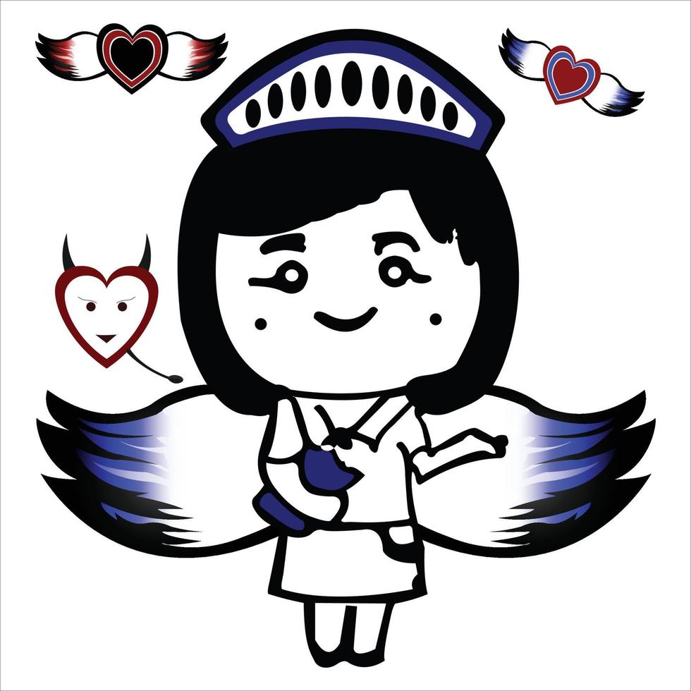 ángel de amor feliz para las vacaciones del día de San Valentín, diablo y ángel, linda muñeca de ángel con alas, señor del amor, vector de dibujos animados, vector de amor con alas, forma de amor del diablo, muñeca, ilustración vectorial.