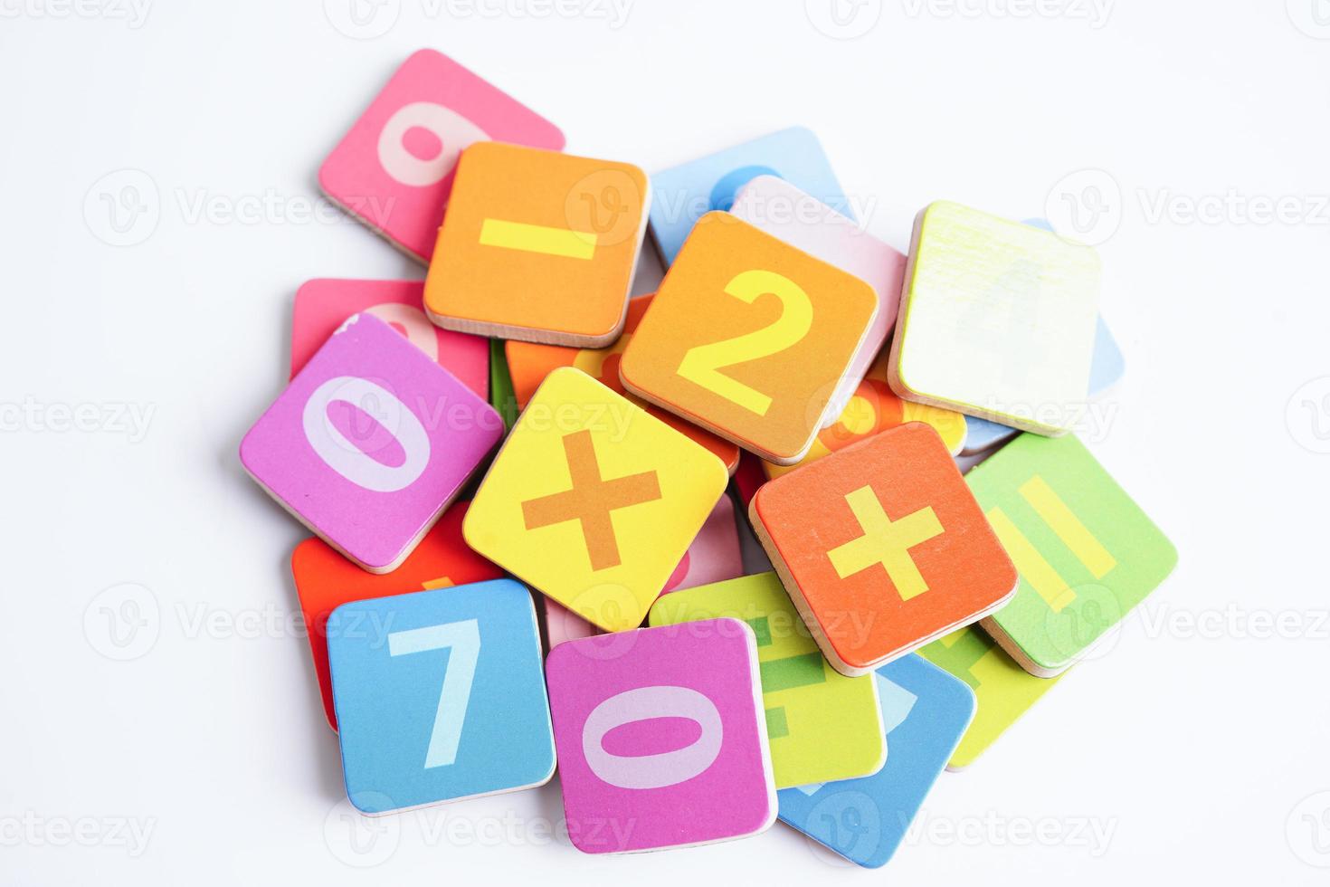 Number wood block cubes for learning Mathematic, education math concept. photo