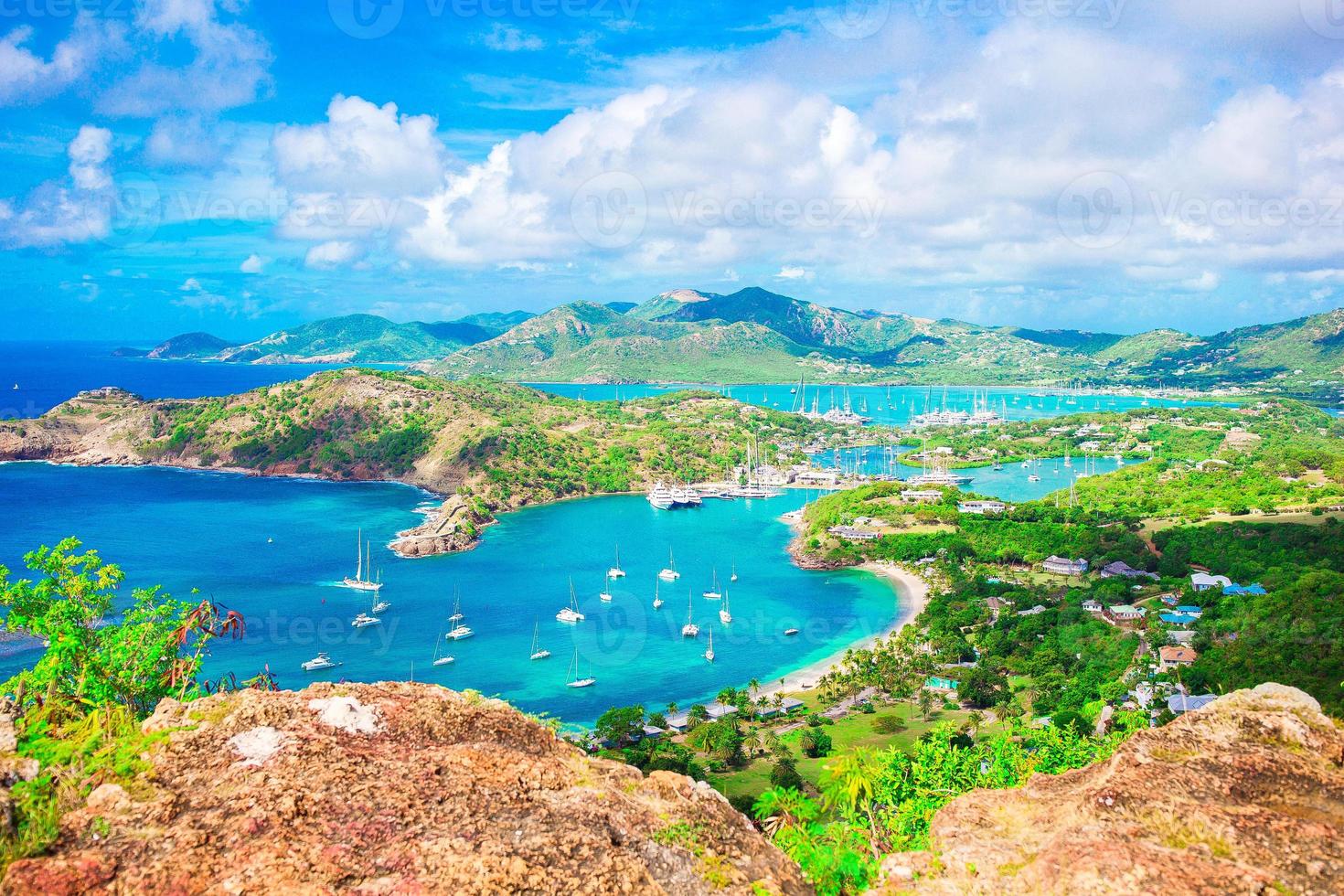 View of English Harbor from Shirley Heights, Antigua, paradise bay at tropical island in the Caribbean Sea photo