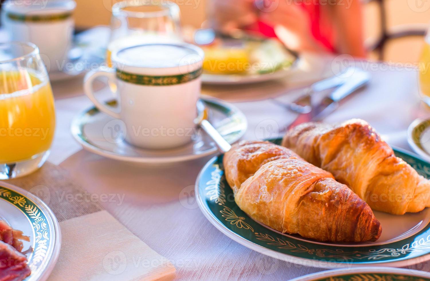 Healthy breakfast on the table closeup in restaraunt resort photo