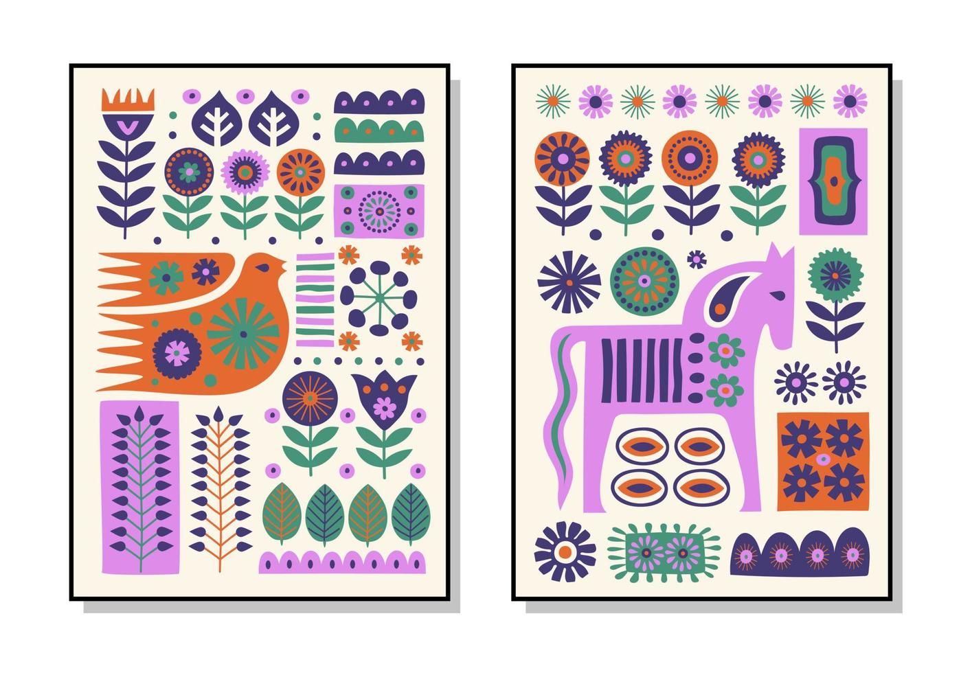 pegatinas de colores brillantes de moda con pájaros, caballos y flores. pequeños gráficos hechos a mano. pintura de interiores ilustración vectorial vector