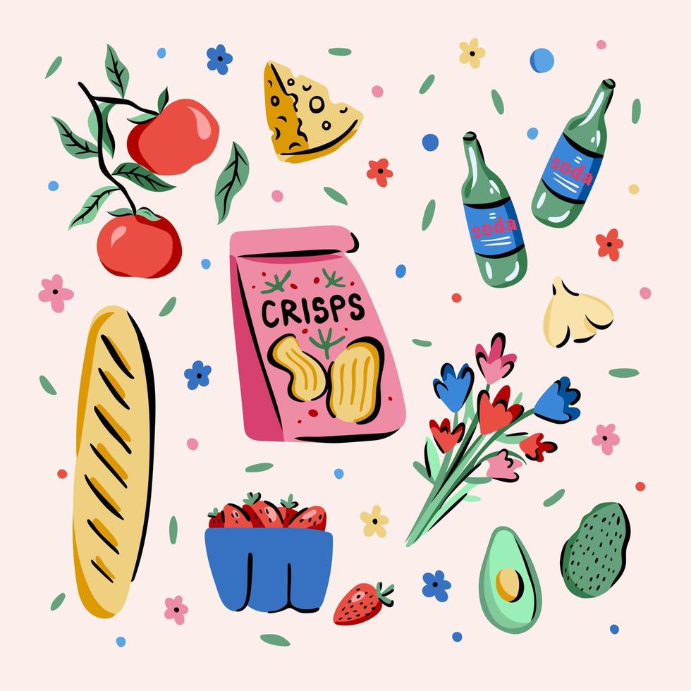 Set of stickers with drawn food. Drawing style. Various colorful chips, baguette, tomatoes, avocado, cheese, flowers, strawberries for covers, stickers. Hand drawn fashion vector illustration.