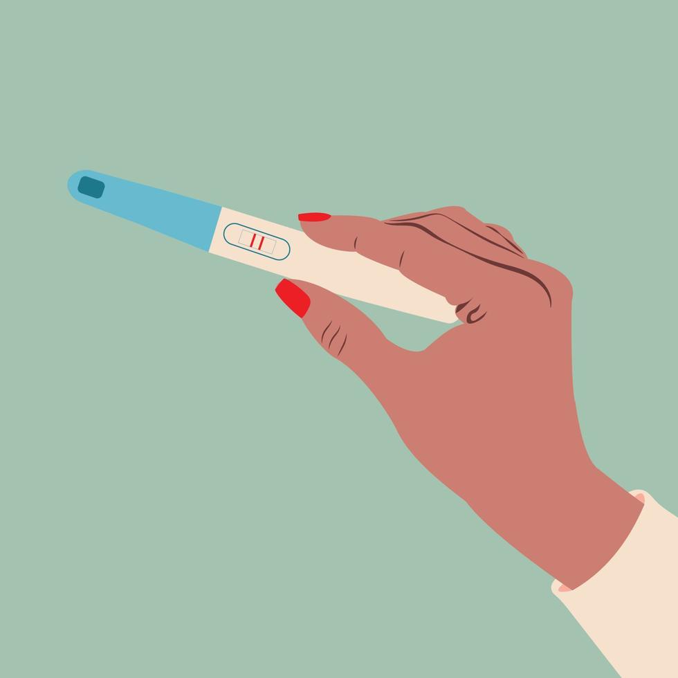 Beautiful female hand is holding a pregnancy test with positive result as a two lines. Planning a baby, motherhood and healthcare concept. Flat illustration for a poster with text. vector