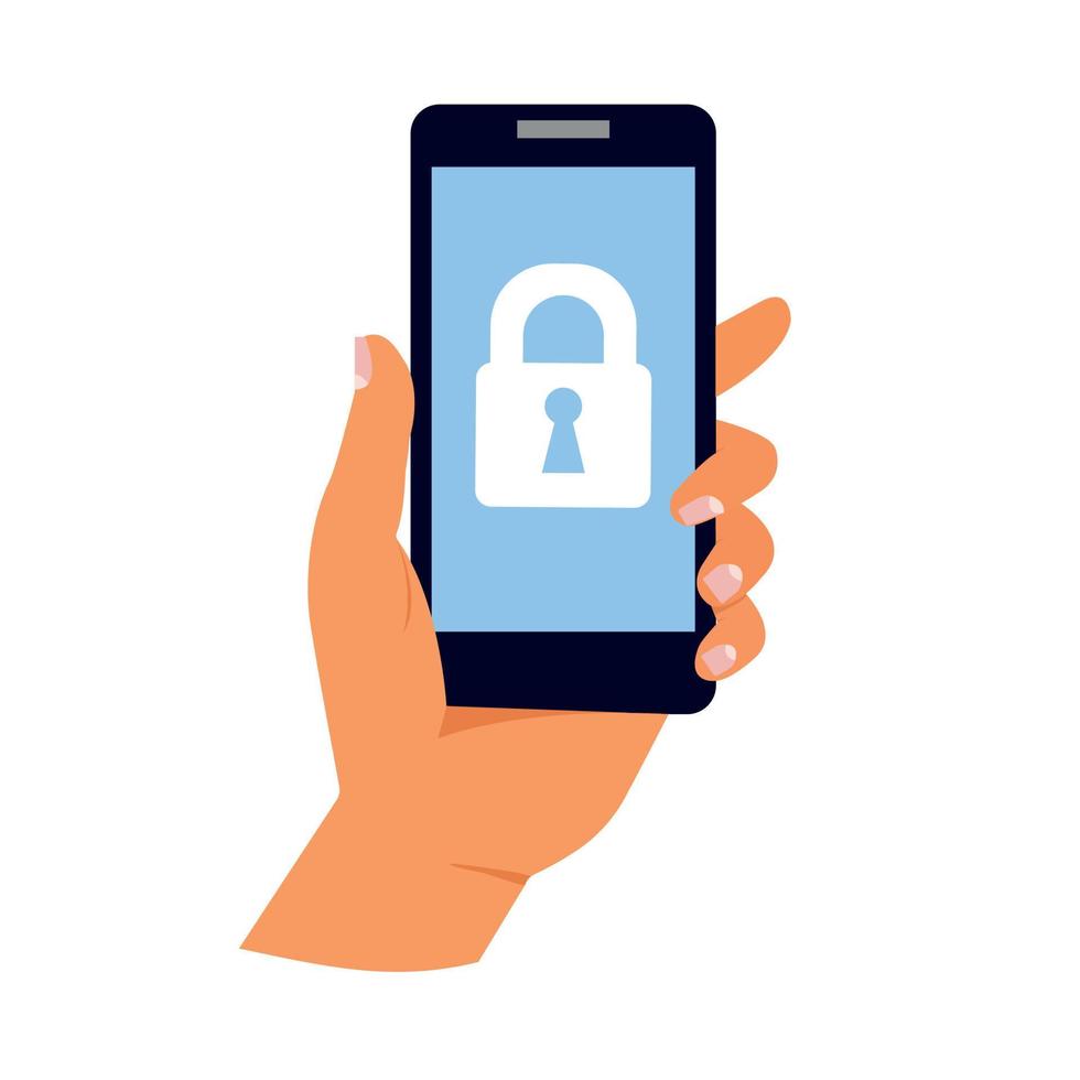Phone lock concept. A hand holds a smartphone with a lock screen vector