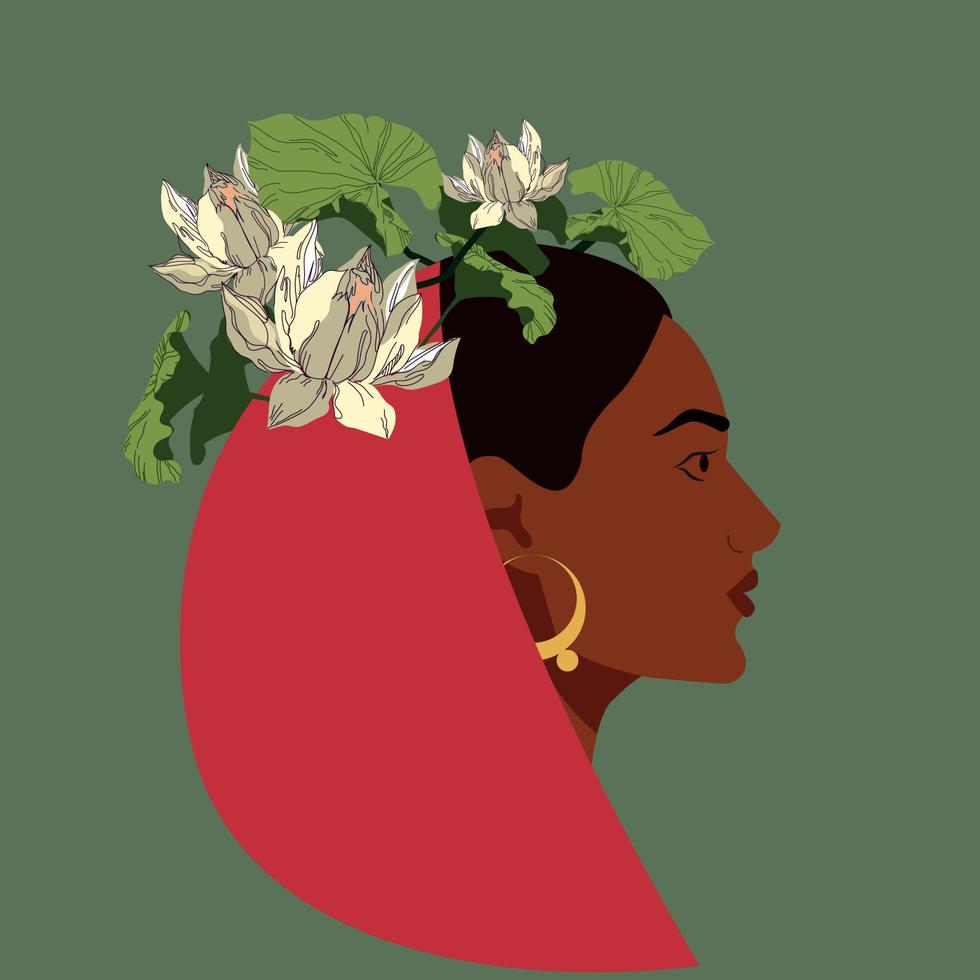 mujer india. hermosa mujer india brillante en vestido nacional con flores de loto en el pelo. retrato lateral, avatar. ilustración moderna. vector