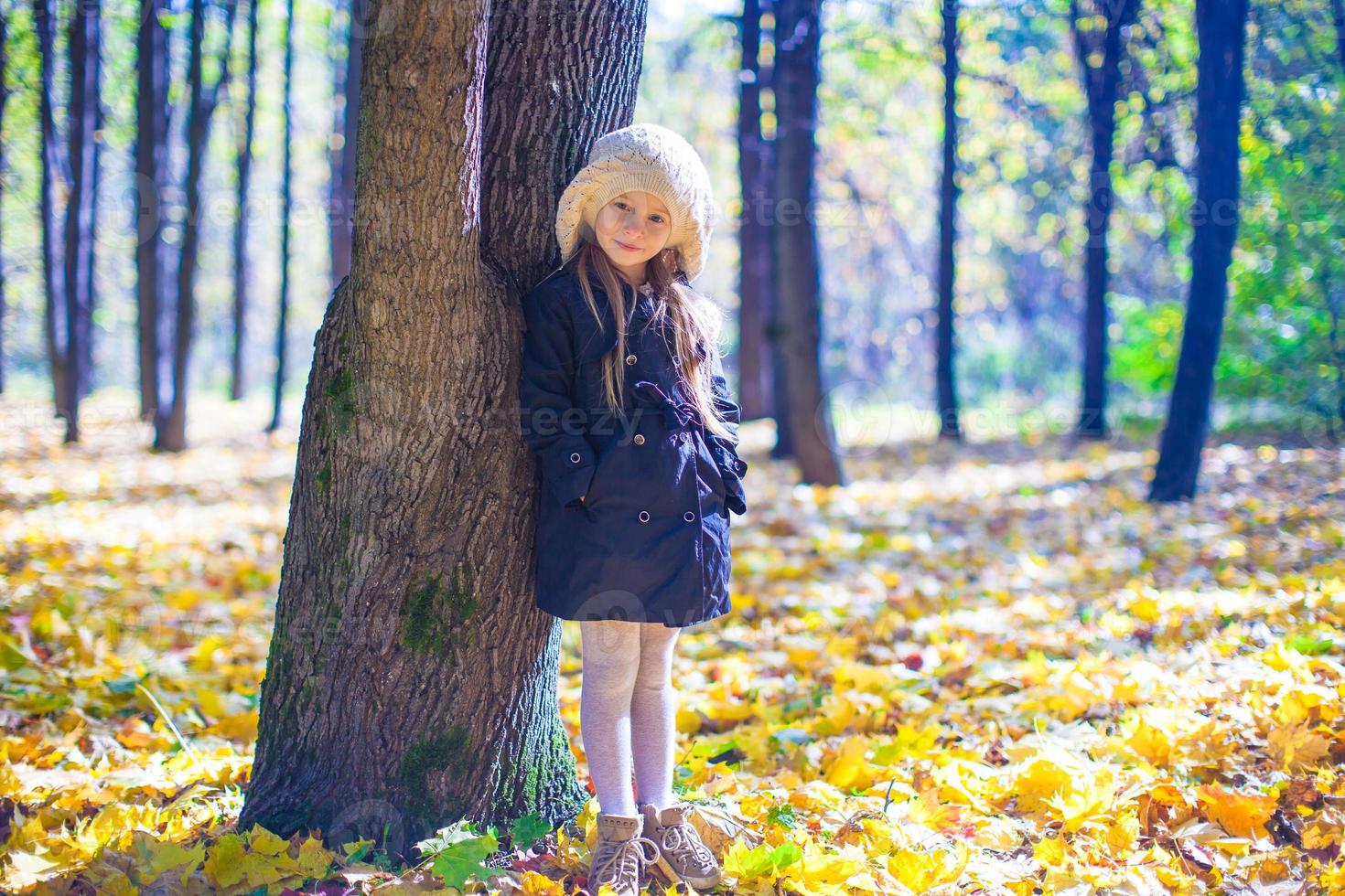 linda niña en el cálido y soleado día de otoño al aire libre foto