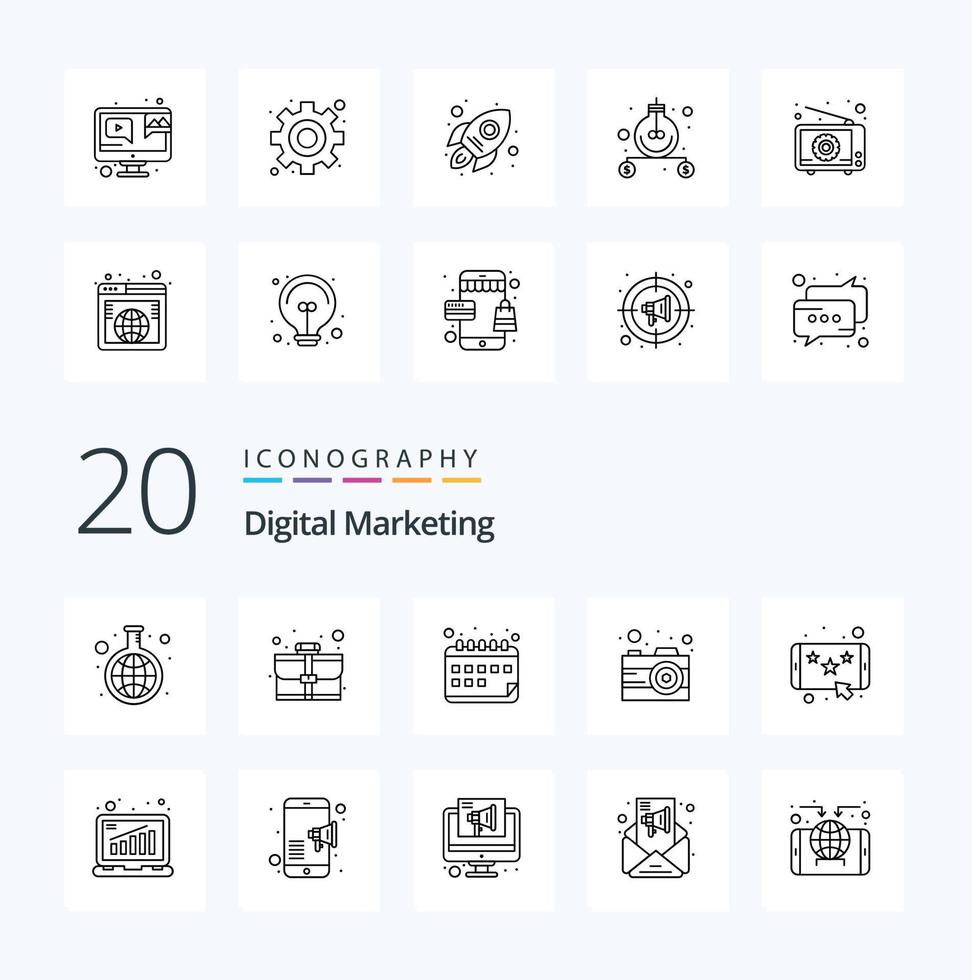 20 Digital Marketing Line icon Pack like rating trade appointment marketing business vector