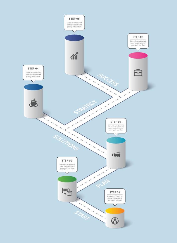 Infographics cylinder timeline to success business with 6 number data template. Vector illustration abstract background.