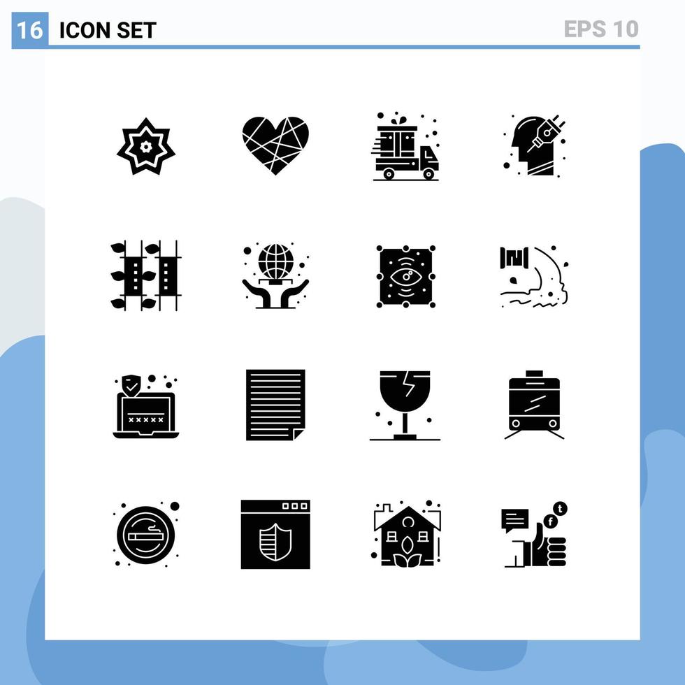 Modern Set of 16 Solid Glyphs Pictograph of plugin mind favorite human delivery truck Editable Vector Design Elements