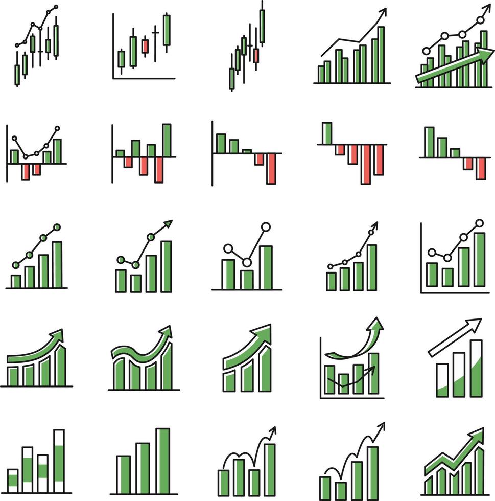 conjunto de diagrama de gráfico de precios de barras icono de precio de acciones financieras mercado bajista alcista en diseño mono mínimo vector