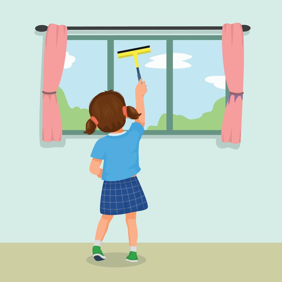 cute little girl cleaning window with squeegee doing daily chores vector