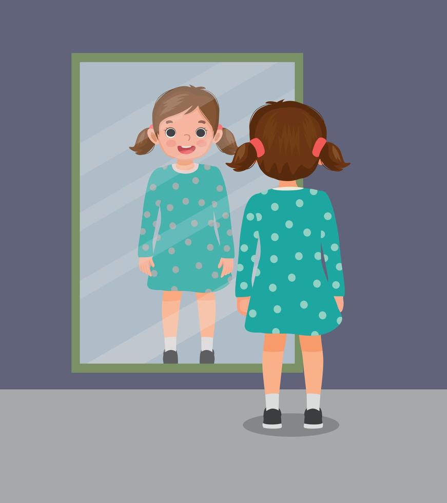 happy little girl standing in front of mirror looking her reflection ...