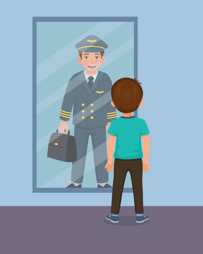 cute little boy dreaming about becoming a pilot when he grown up in front of mirror vector