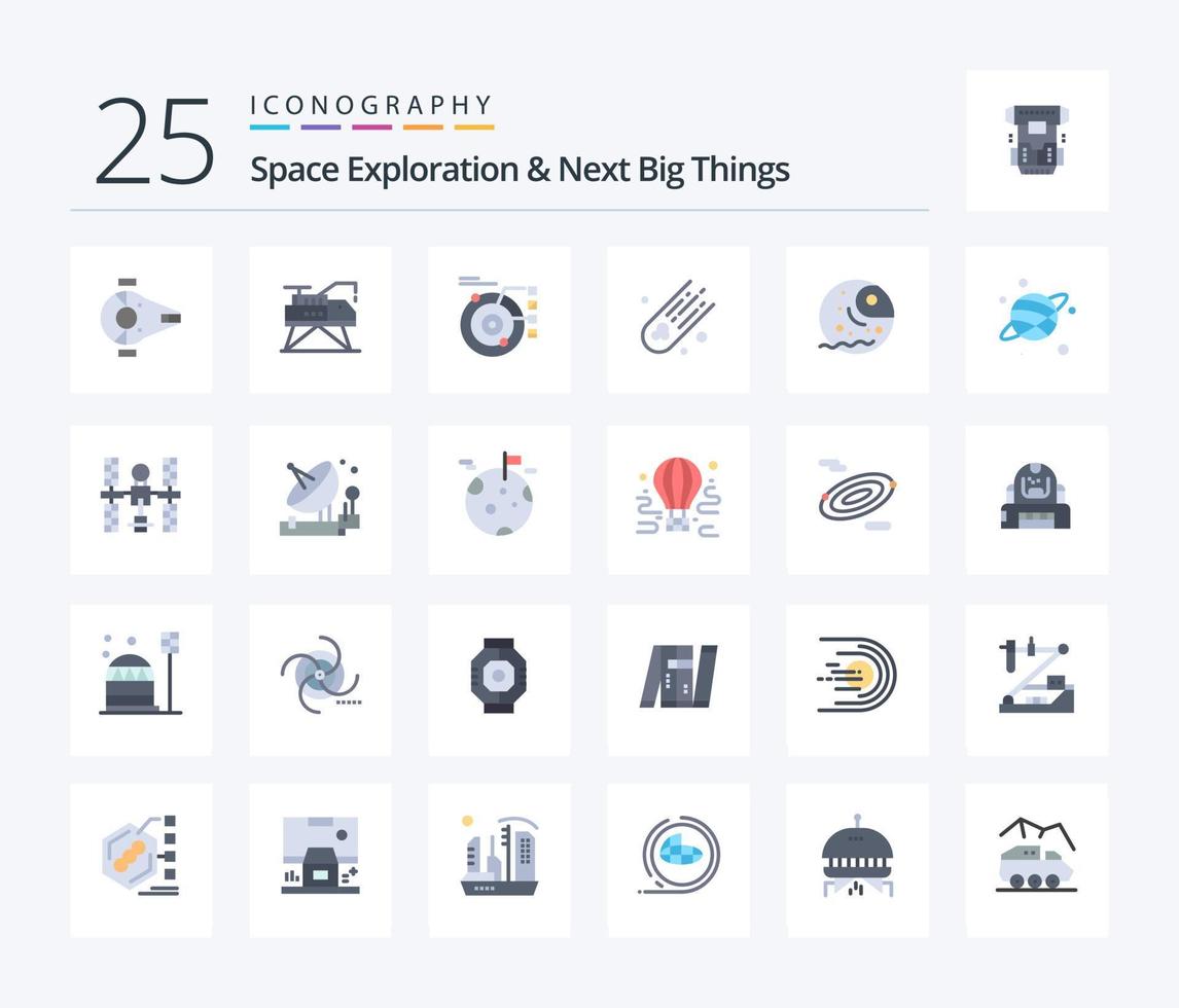 Space Exploration And Next Big Things 25 Flat Color icon pack including distant. comet. platform. asteroid. planetary vector