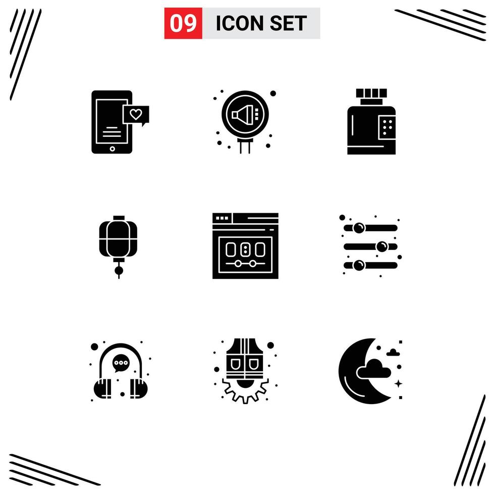 Group of 9 Solid Glyphs Signs and Symbols for decoration china reputation lantern form Editable Vector Design Elements