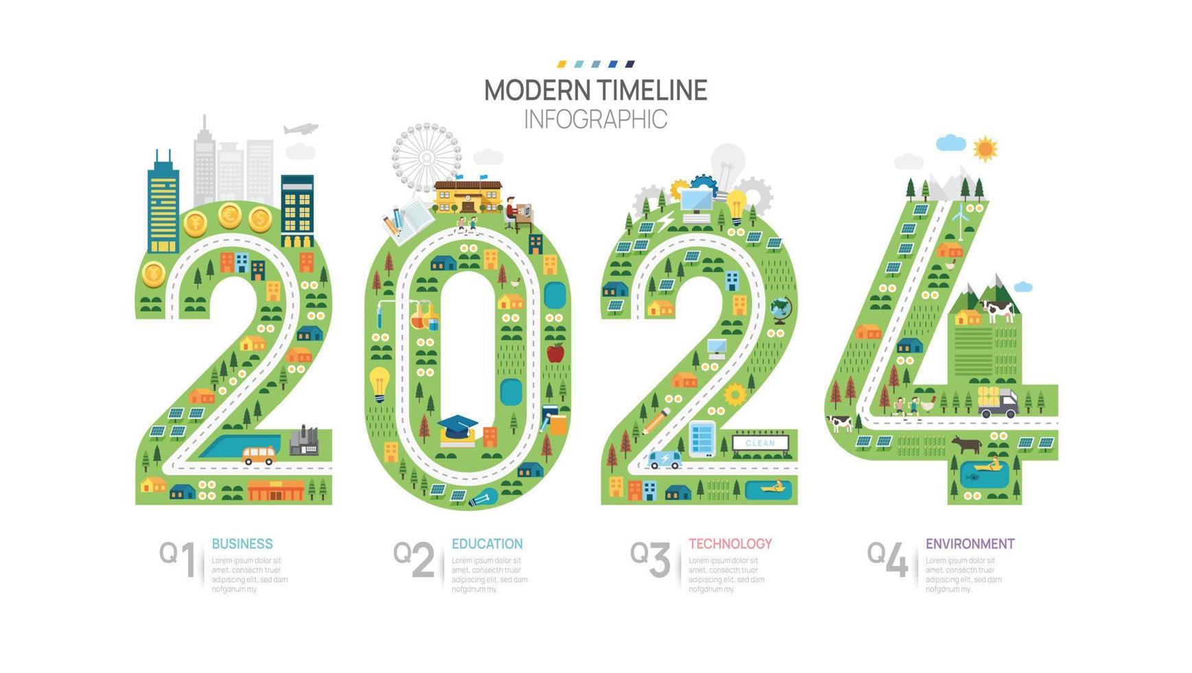 plantilla de infografía de línea de tiempo de hoja de ruta de negocio 2024. calendario de diagrama de línea de tiempo de elemento de hito moderno y temas de 4 trimestres, se pueden utilizar para infografías vectoriales, presentaciones de marketing digital. vector