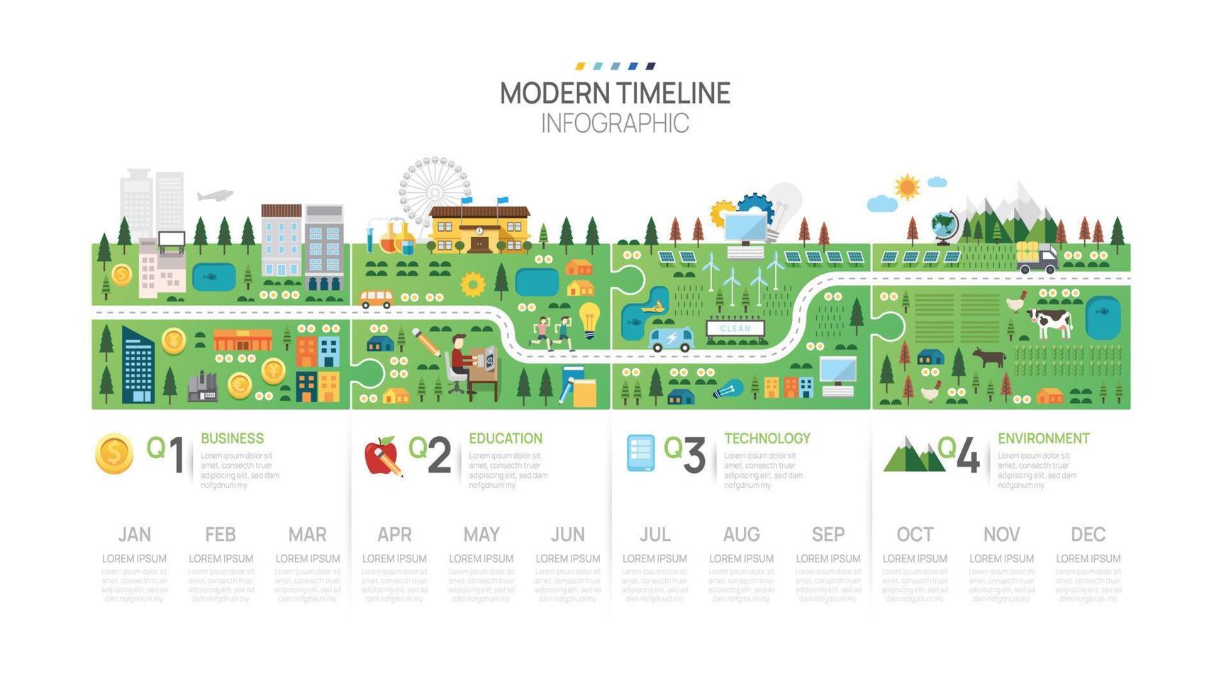 Business road map jigsaw timeline infographic template. Modern milestone element timeline diagram calendar and 4 quarter topics, Can be used for vector infographics, digital marketing presentations.
