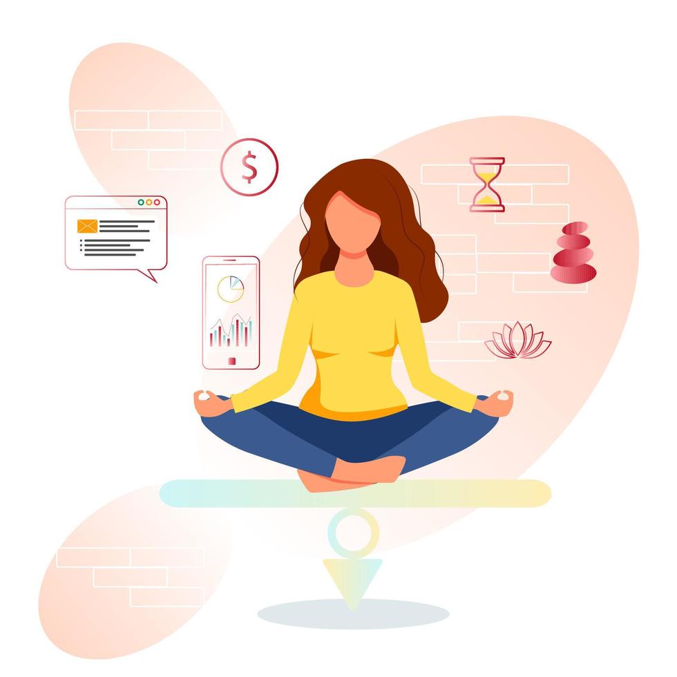 Woman sit in lotus position. Metaphor for finding inner balance. Character engaged in yoga, sports, fitness, taking care of his health. Peace and harmony concept. Cartoon flat vector illustration