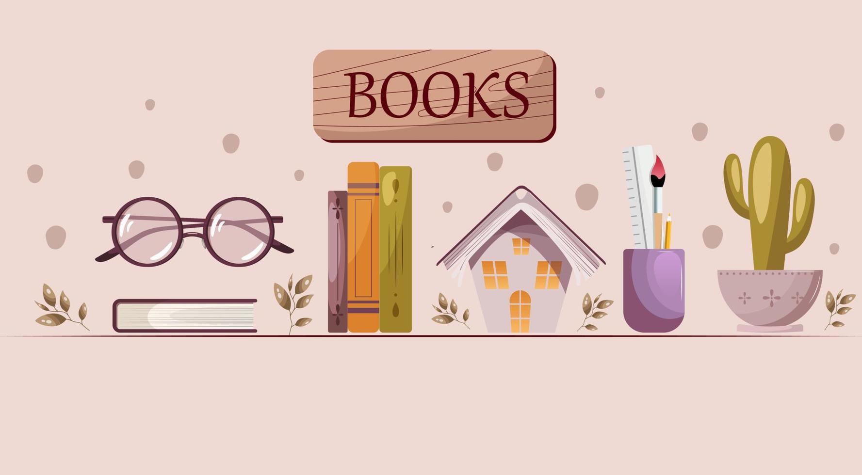 Bookshelve with books, decorative house, potted plant. Bookstore, bookshop, book lover concept. Isolated Vector illustration.