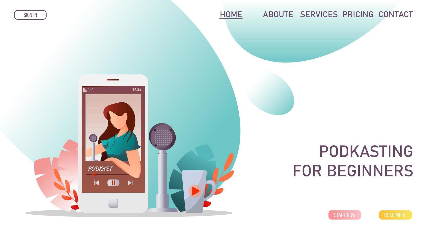 Smartphone with woman recording podcast and microphone. Streaming, blogging, podcasting, radio broadcasting, podcast app concept. Vector illustration for website, poster, banner, advertising.